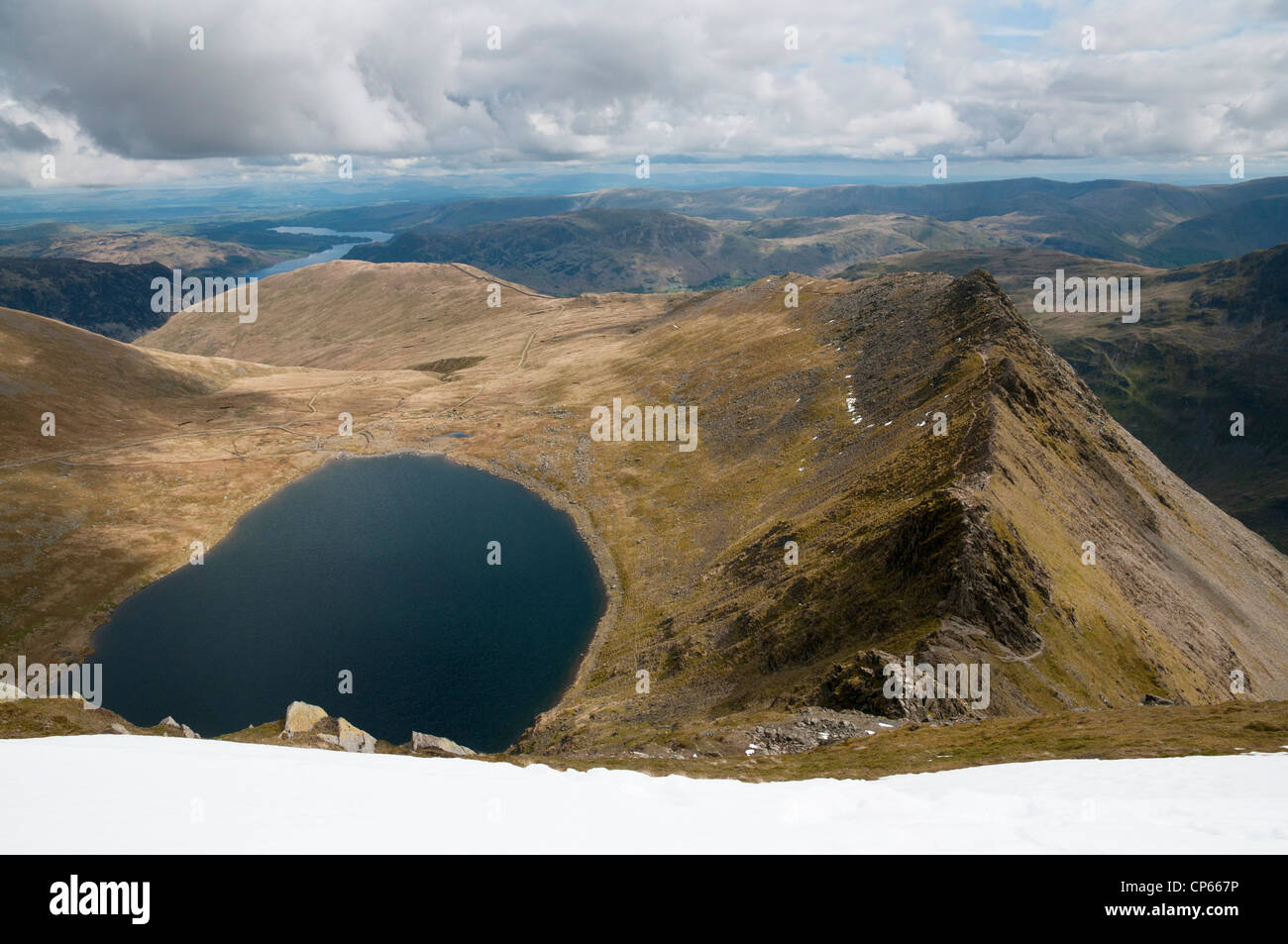 View of Striding Edge and Red Tarn from Helvellyn, Cumbria, UK Stock Photo
