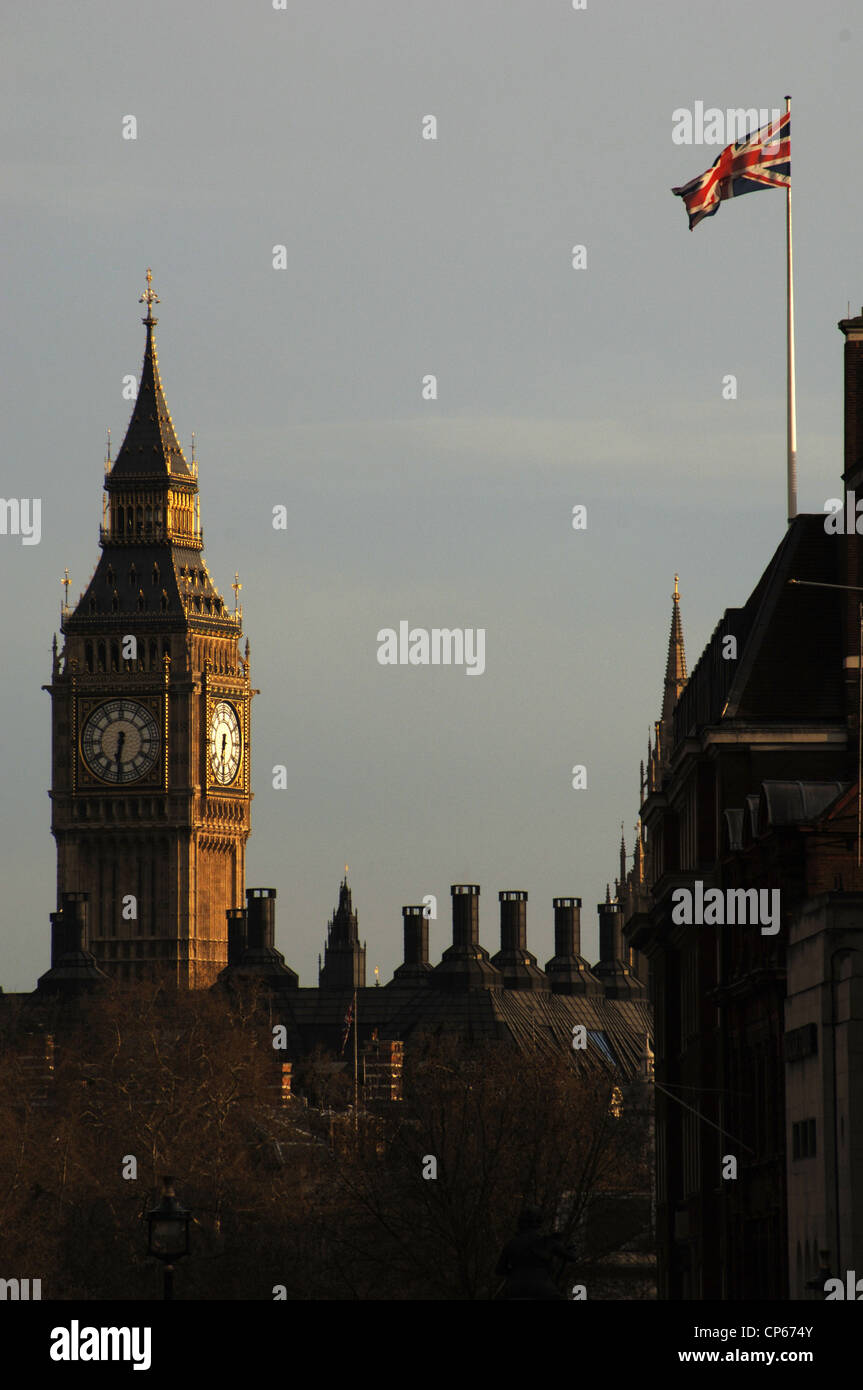 United Kingdom. England. London. The Big Ben, clock tower at the Westminster Palace. 19th century. Detail at sunset. Stock Photo