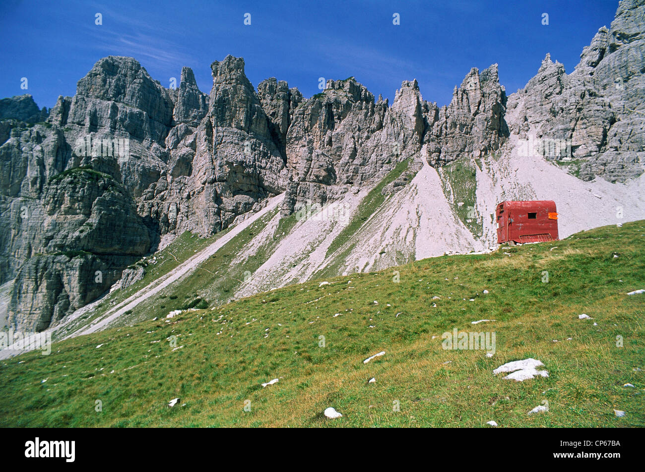 Friuli-Venezia Giulia - Regional Natural Reserve of Friuli Dolomites - Alta Val Montanaia - The Bivouac Perugini and Toro Peak. Stock Photo