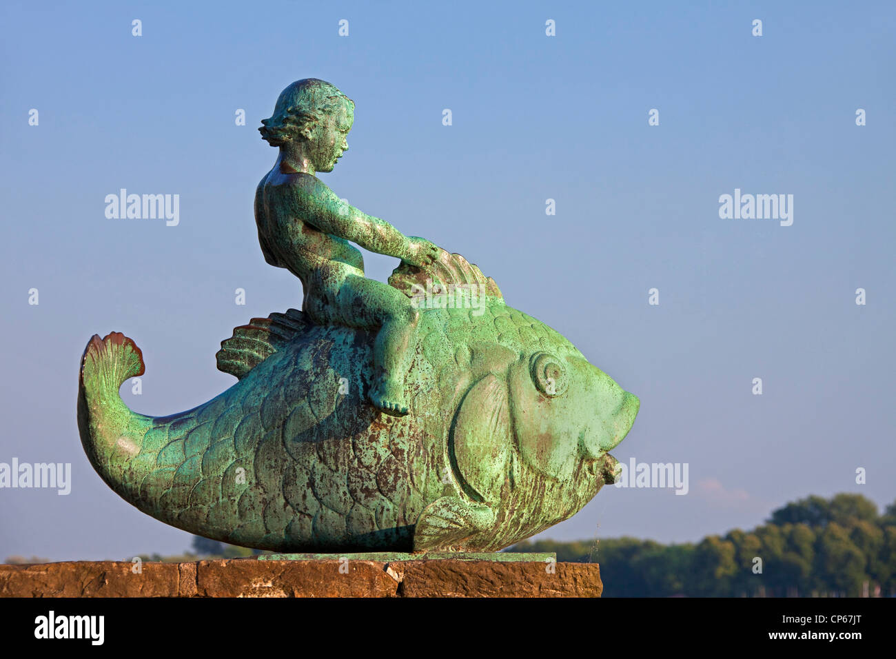 The sculpture Putto auf dem Fisch / Putto on the fish along the Maschsee, an artificial lake in Hanover, Lower Saxony, Germany Stock Photo