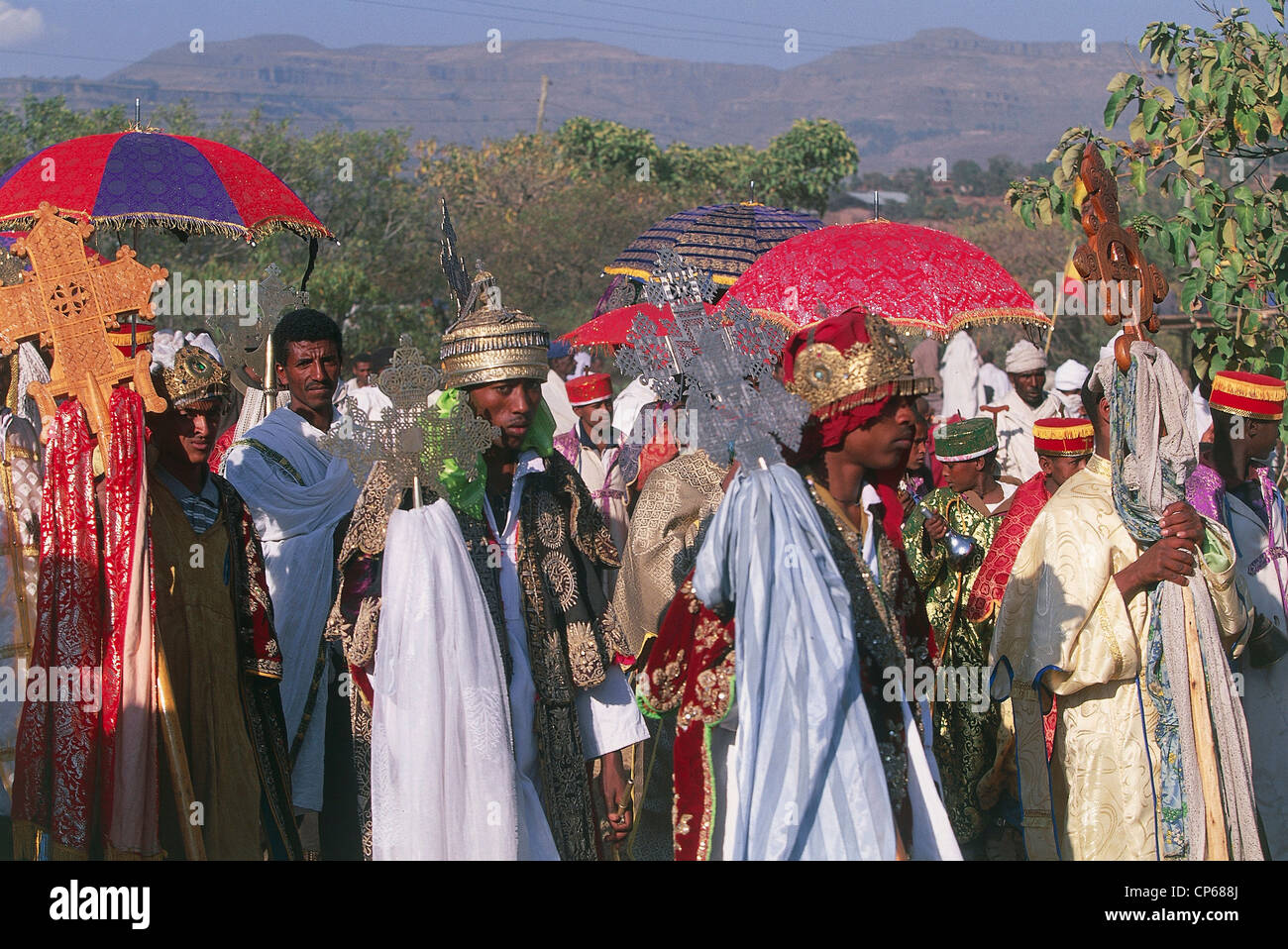 Ethiopia Lalibela. Coptic Feast of Epiphany (Timkat) priests in
