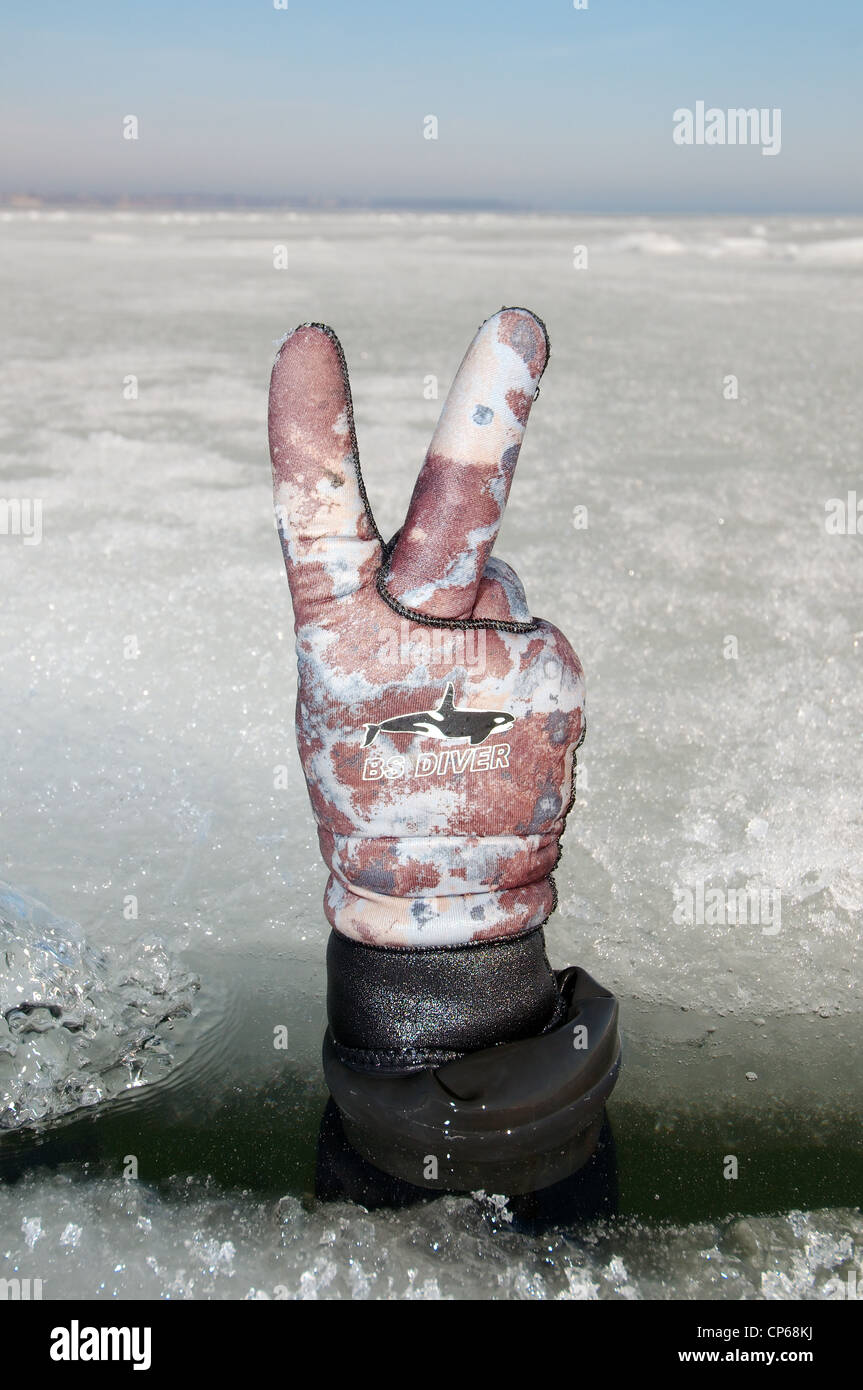 Diver's hand giving the 20 bar sign, subglacial diving, ice diving, in the frozen Black Sea Stock Photo