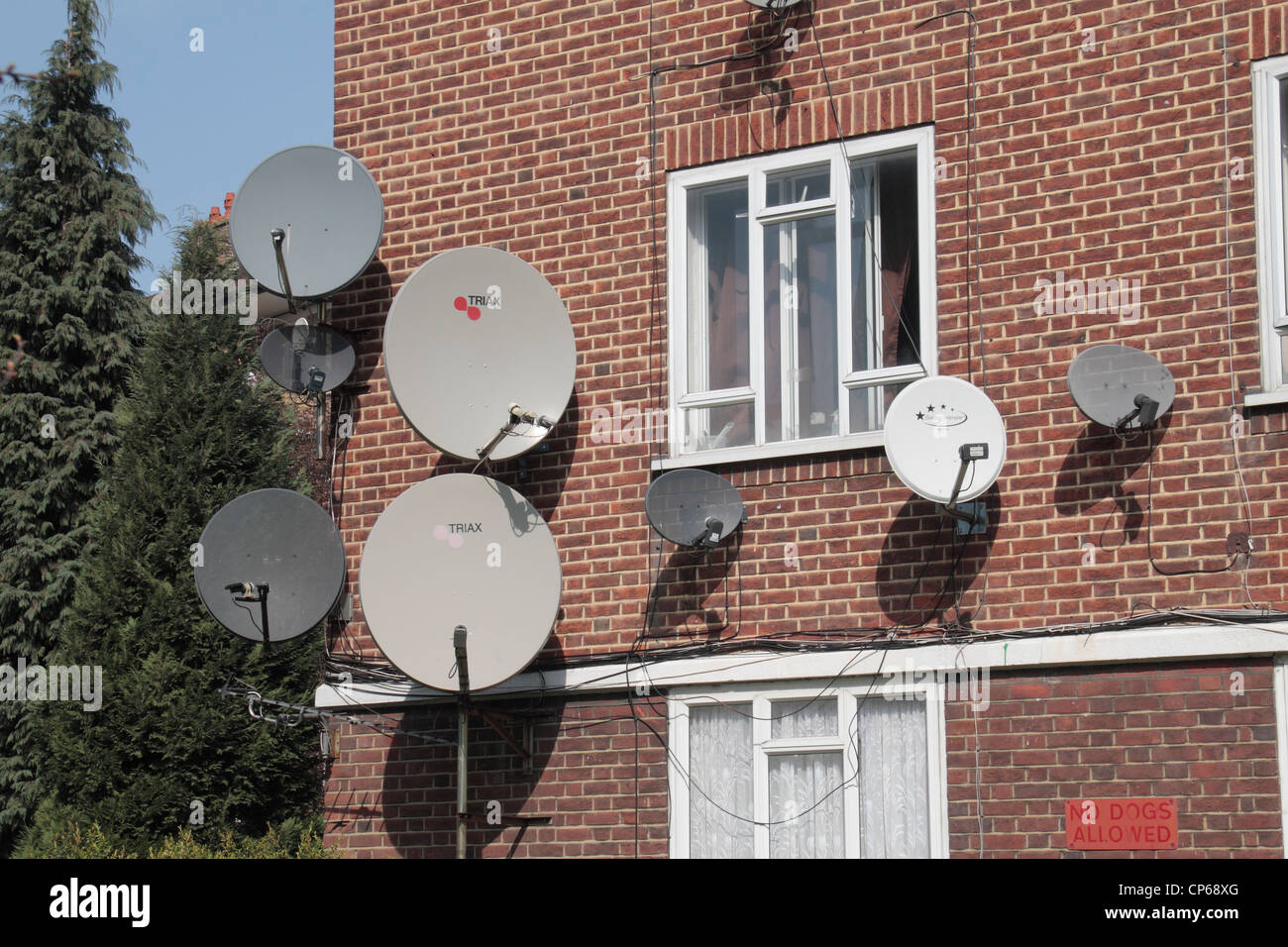A large number of television satellite dishes on an apartment block (Burne Jones House) in Fulham, London, UK. Stock Photo