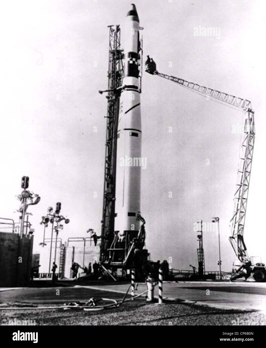 Thor DM-21 Agena-D with POPPY-1 surveillance satellite at Vandenberg AFB Launch Complex 75-1-1 (later designated SLC-2E). Stock Photo