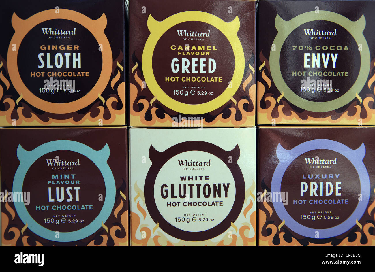 Whittards deadly sins hot chocolate boxes Stock Photo