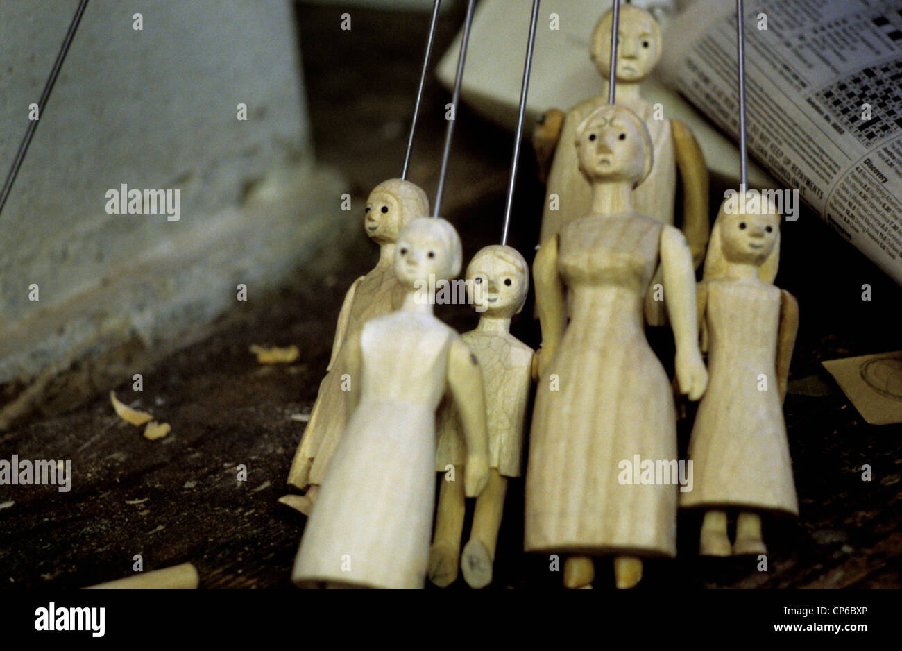 Wooden puppets in the of the Little Angel Theatre in North