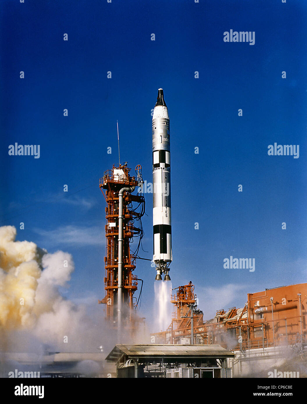 James Lovell and Edwin Aldrin of Gemini 12 launched aboard the Titan rocket from Kennedy Space Center on November 11, 1966, following the Agena target vehicle’s orbit by an Atlas rocket. Stock Photo