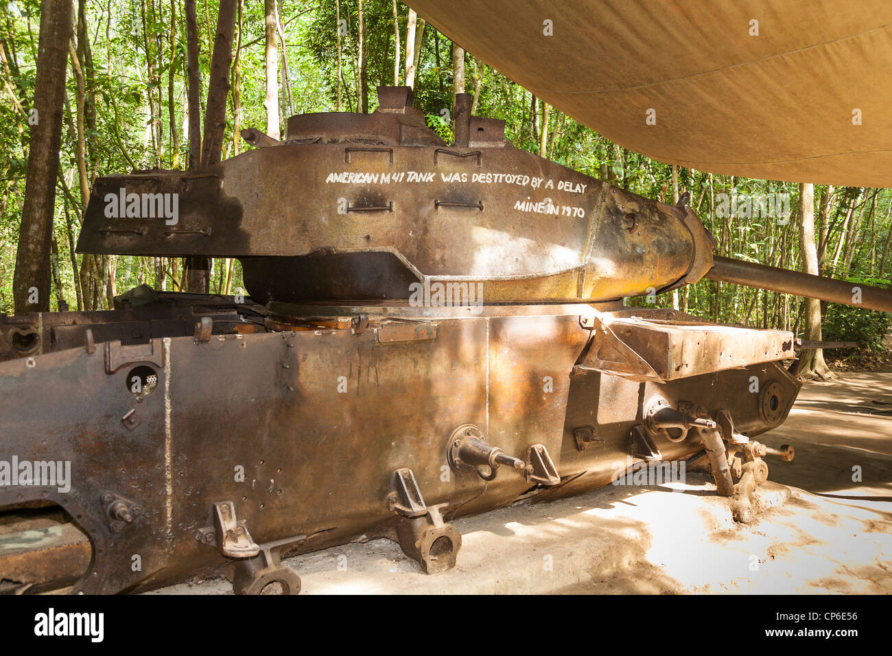 American M41 tank destroyed during the Vietnam War, Ben Dinh, Cu Chi, near Ho Chi Minh City, (Saigon), Vietnam Stock Photo