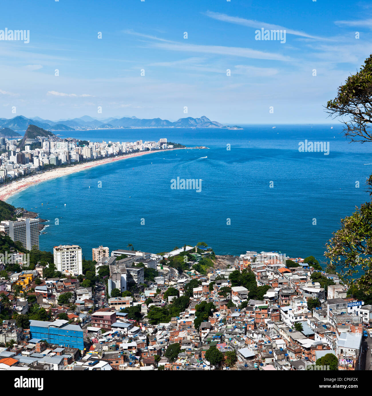 Dwelling conditions at Favela do Vidigal, Rio de Janeiro, Brazil. Ipanema and Leblon beaches in background fantastic view Stock Photo