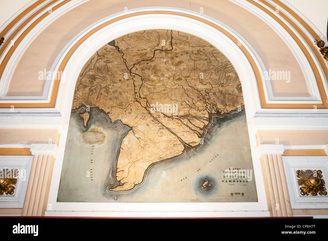 Map of South Vietnam and Cambodia, on wall inside Central Post Office, Ho Chi Minh City, (Saigon), Vietnam Stock Photo