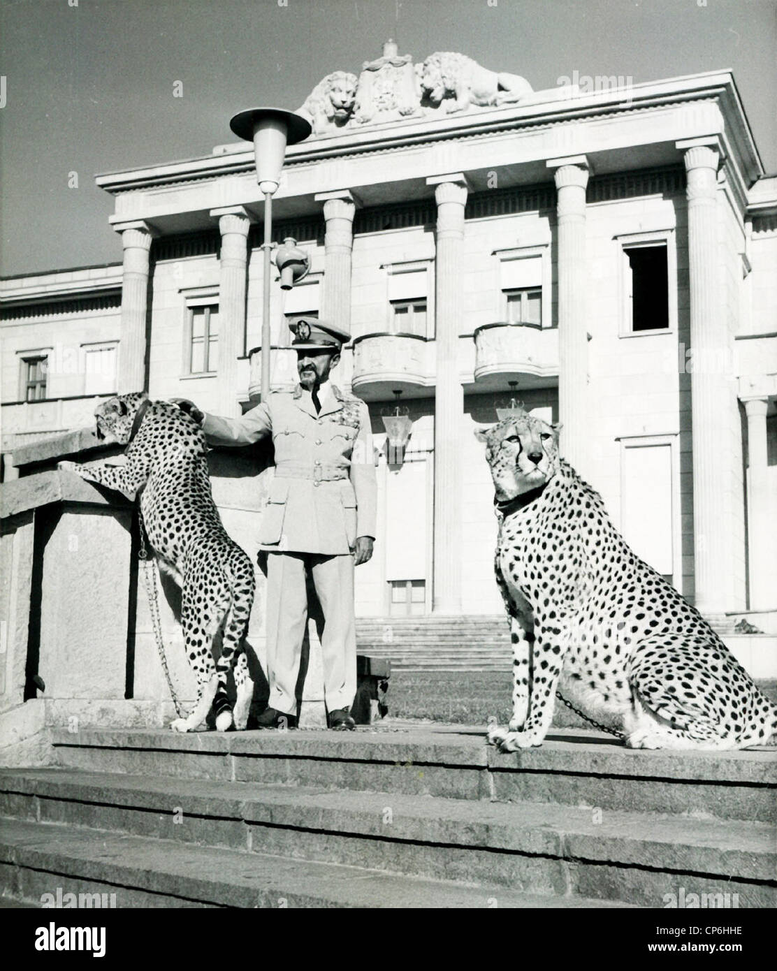 Emperor Haile Selassie of Ethiopia with Pet Cheetahs at Palace Stock Photo