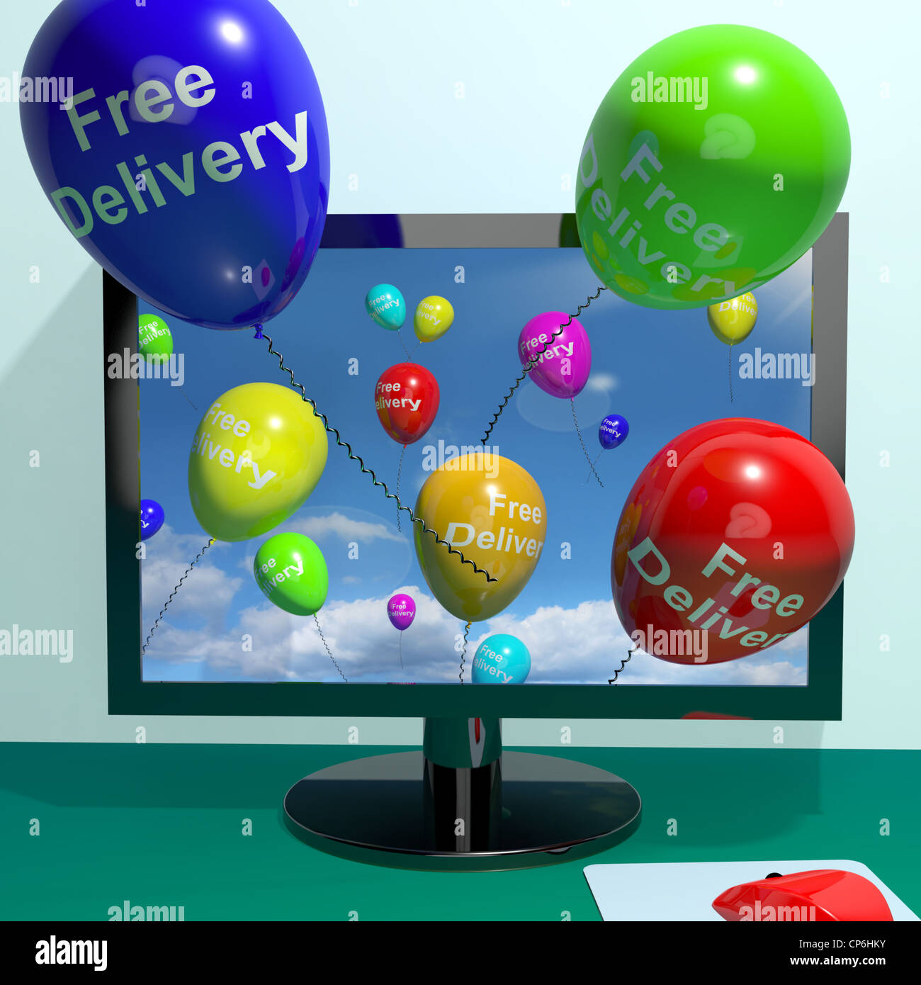 Free Delivery Balloons From Computer Shows No Charge Or Gratis To Deliver Stock Photo