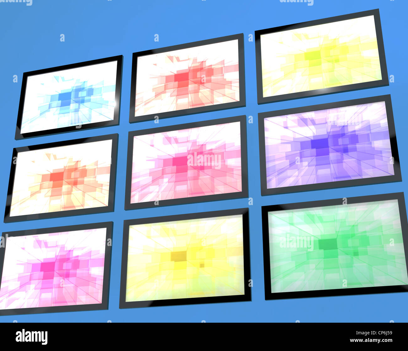 Nine TV Monitors Wall Mounted In Different Colors Representing High