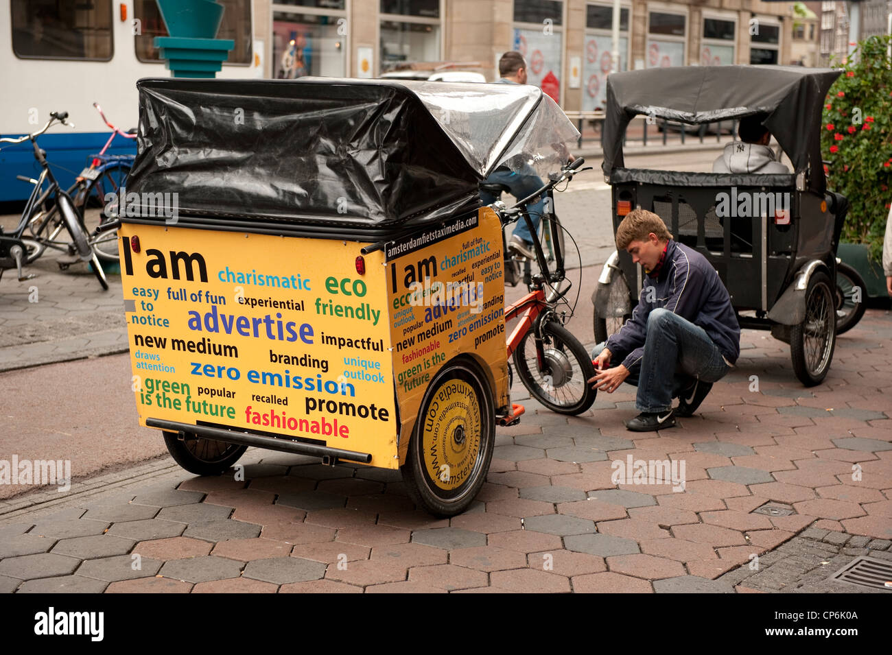 Advertising Eco friendly Bicycle City Tour Amsterdam Holland Netherlands Europe EU Stock Photo