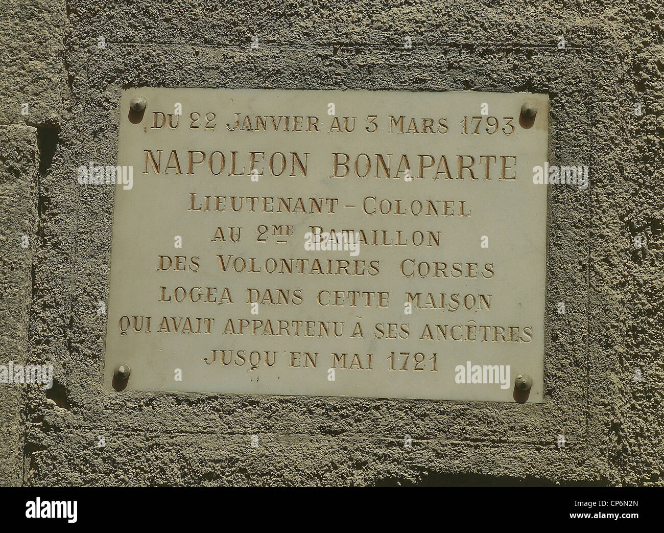 France - Corsica - Corse du Sud - Bonifacio. Commemorative plaque to Napoleon Bonaparte Stock Photo