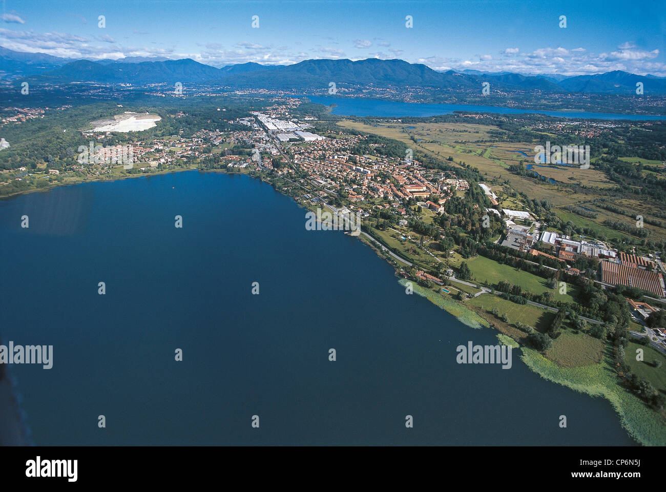 Lombardy - Lake Comabbio - Varano Borghi (VA). Aerial View Stock Photo