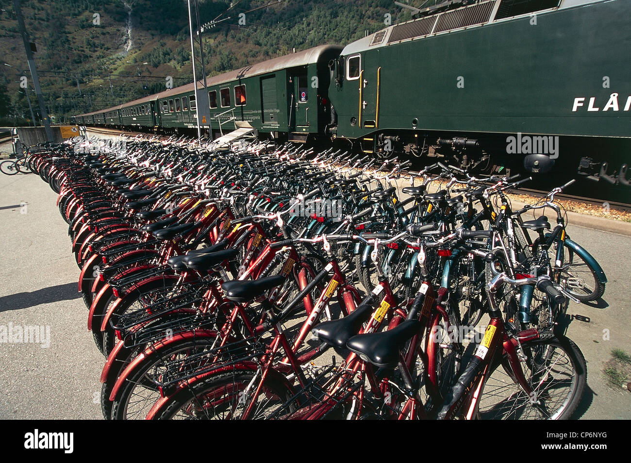 Norway - Sogn og Fjordane County - Fl?m - Bicycles parked at the station Fl?msbana (line from Myrdal to Fl?m) Stock Photo