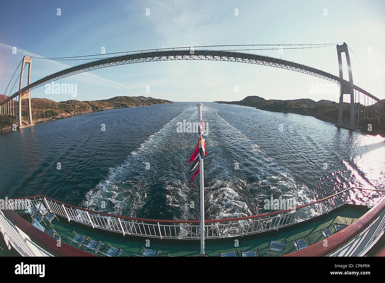 Norway - Sailing on a ferry Hurtigruten between Trondheim and Rorvik. Bridge. Fish eye Stock Photo