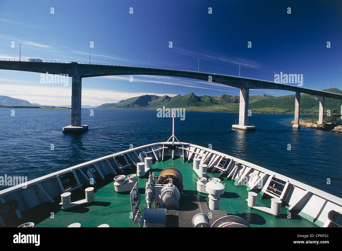 Norway - Nordland County - Vester?len - The bridge over the canal in Risoyrenna seen from the bow Hurtigruten Stock Photo