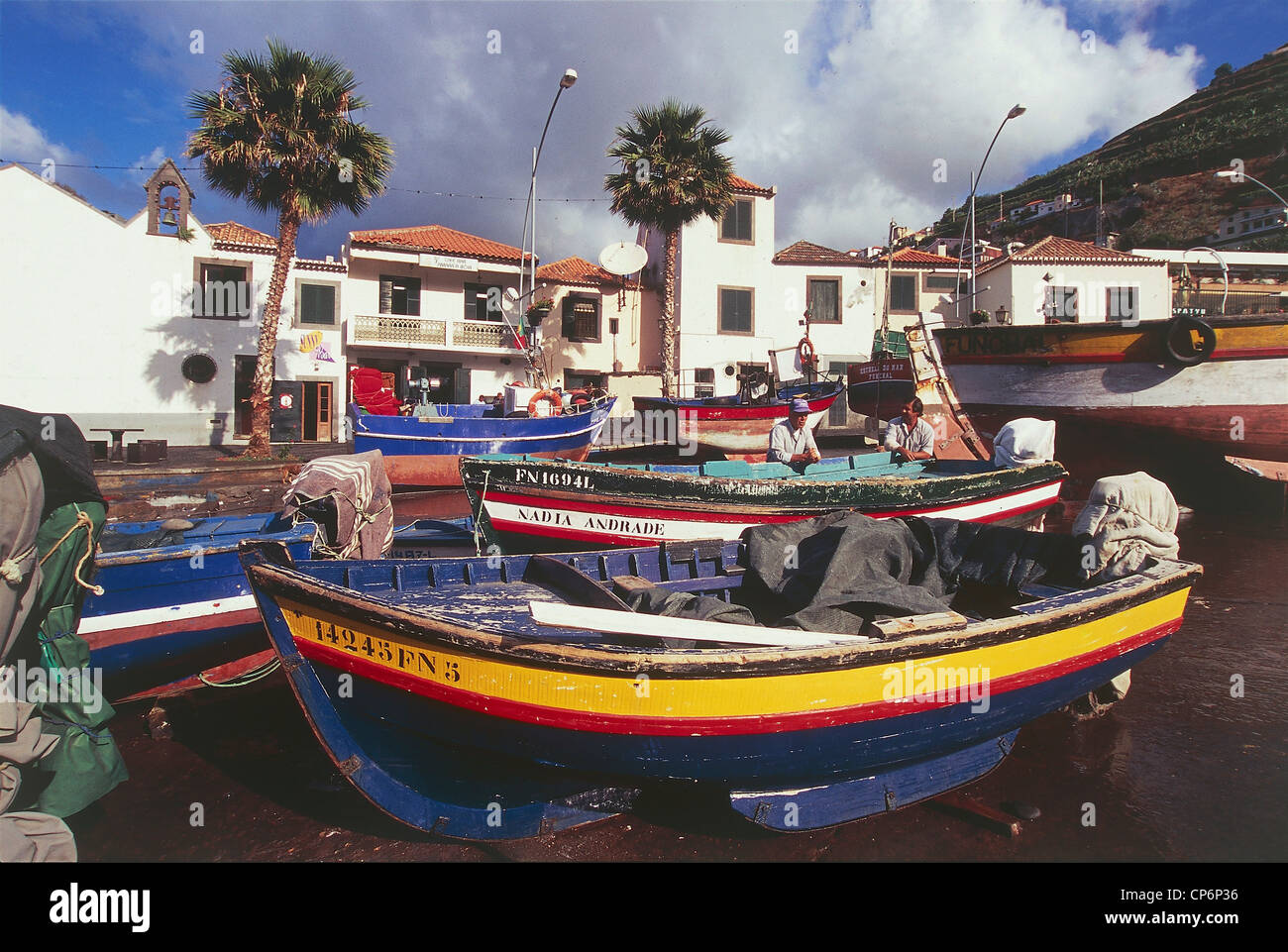 Portugal - Archipelago of Madeira - Madeira - Camara de Lobos - Boats aground on the beach Stock Photo