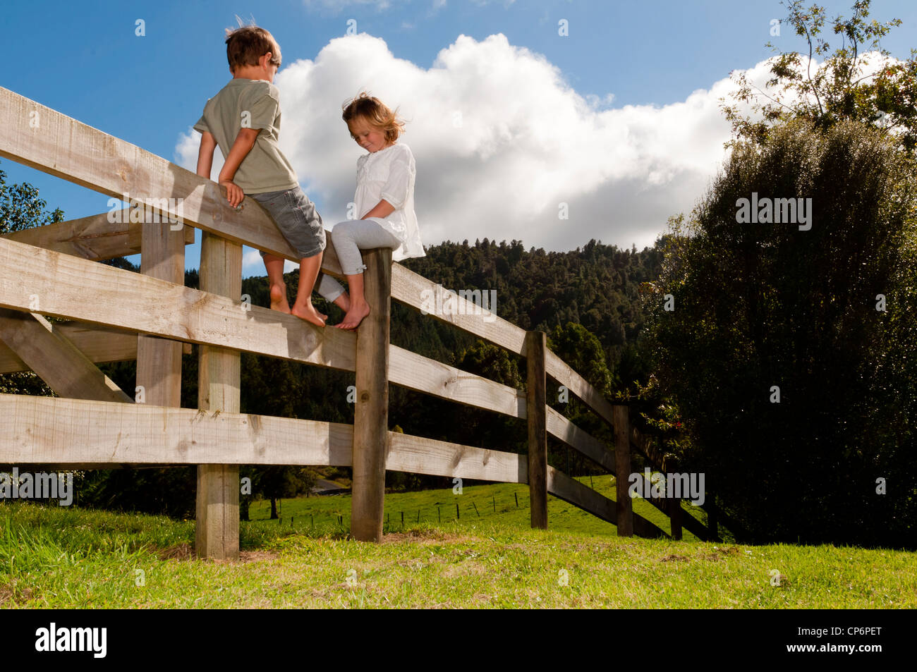Boy and girl on fence boy and girl on fence hires stock photography
