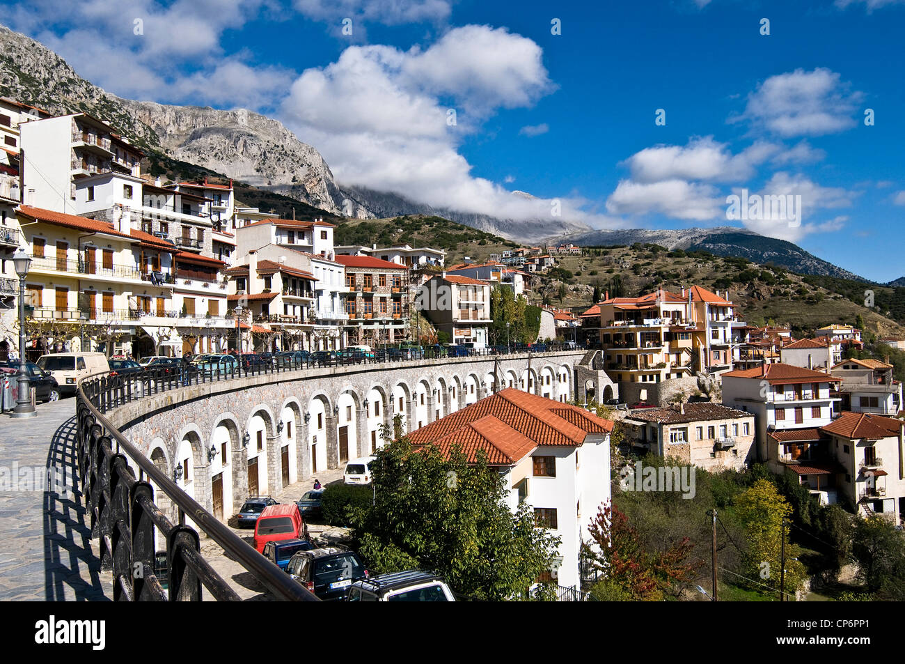 Central street of Arachova - one of the most modern winter skiing resorts in Greece, Mount Parnassus Stock Photo