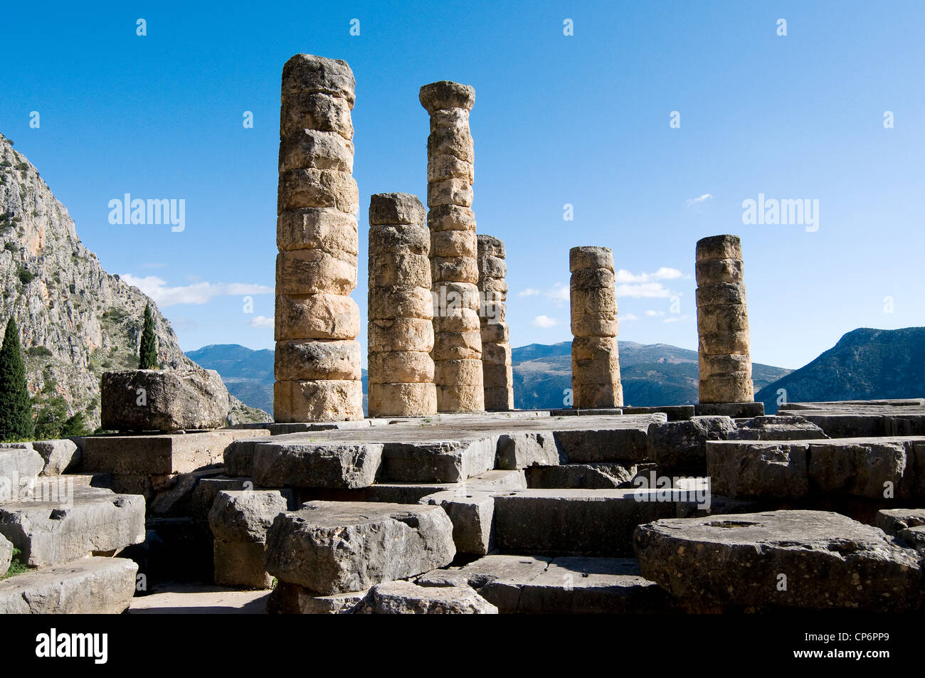 Delphi Greece- Temple of God Apollo- UNESCO world heritage Stock Photo