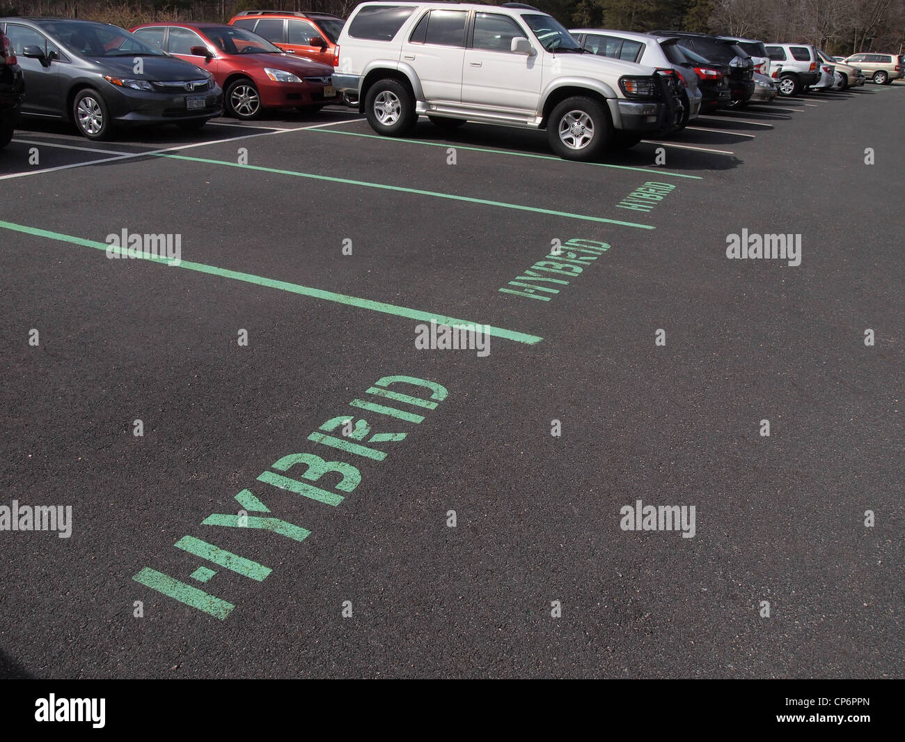 Parking spaces reserved for hybrid vehicles, New York, United States, March 8, 2012, © Katharine Andriotis Stock Photo