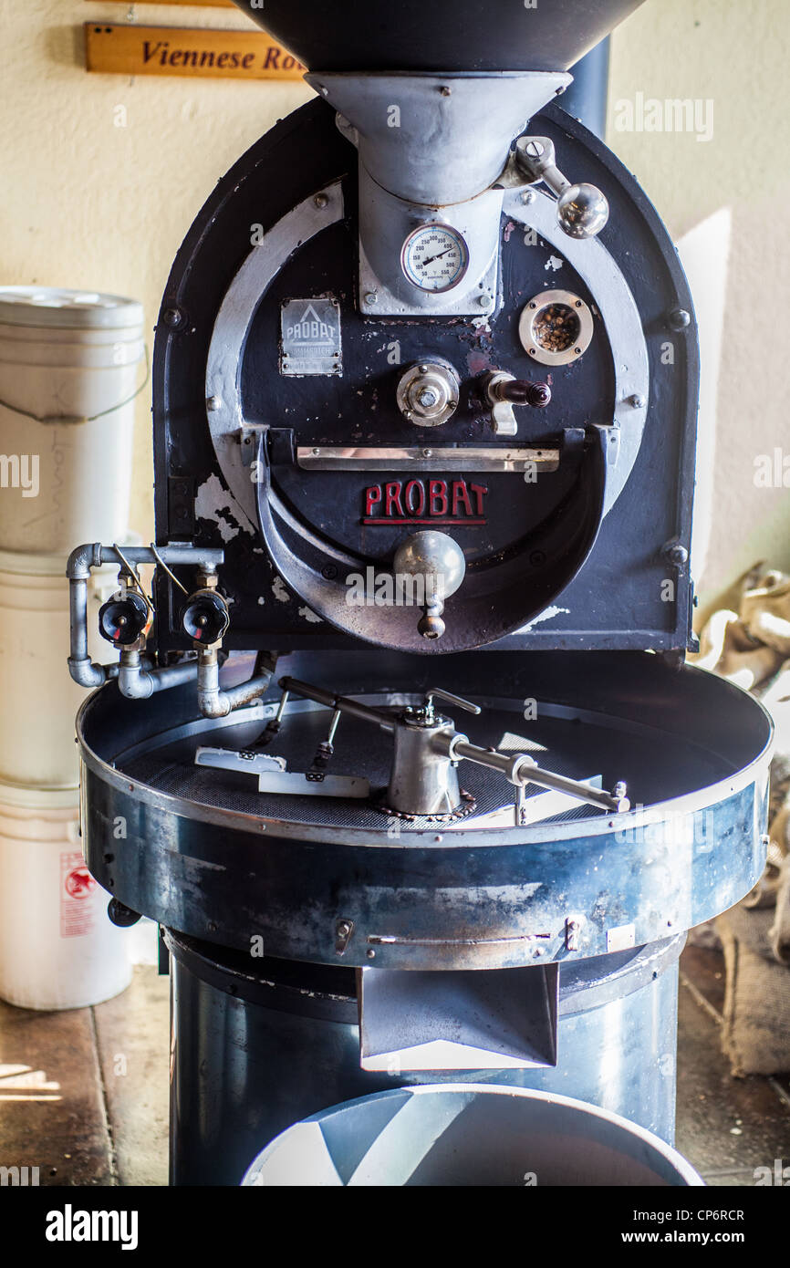 An antique coffee roasting machine at Orchard Valley coffee shop in
