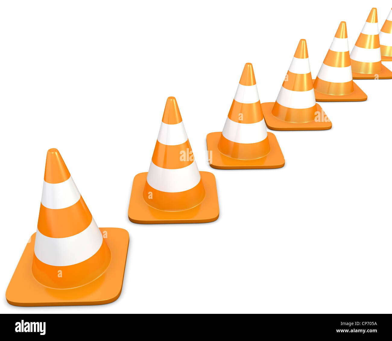 Diagonal line of traffic cones, isolated on white background Stock
