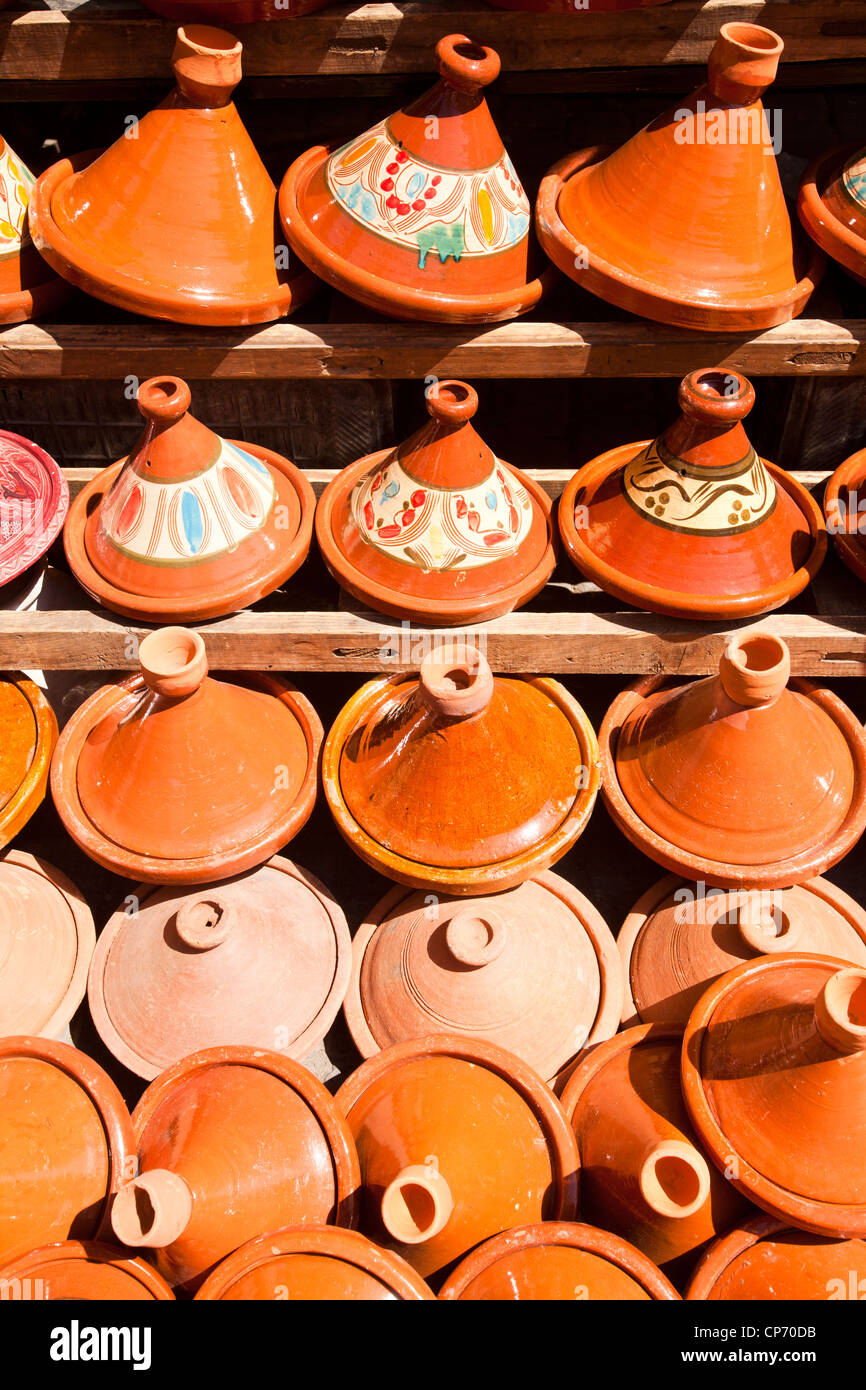 Tagines on a market stall in Marrakech, Morocco, North Africa. Stock Photo