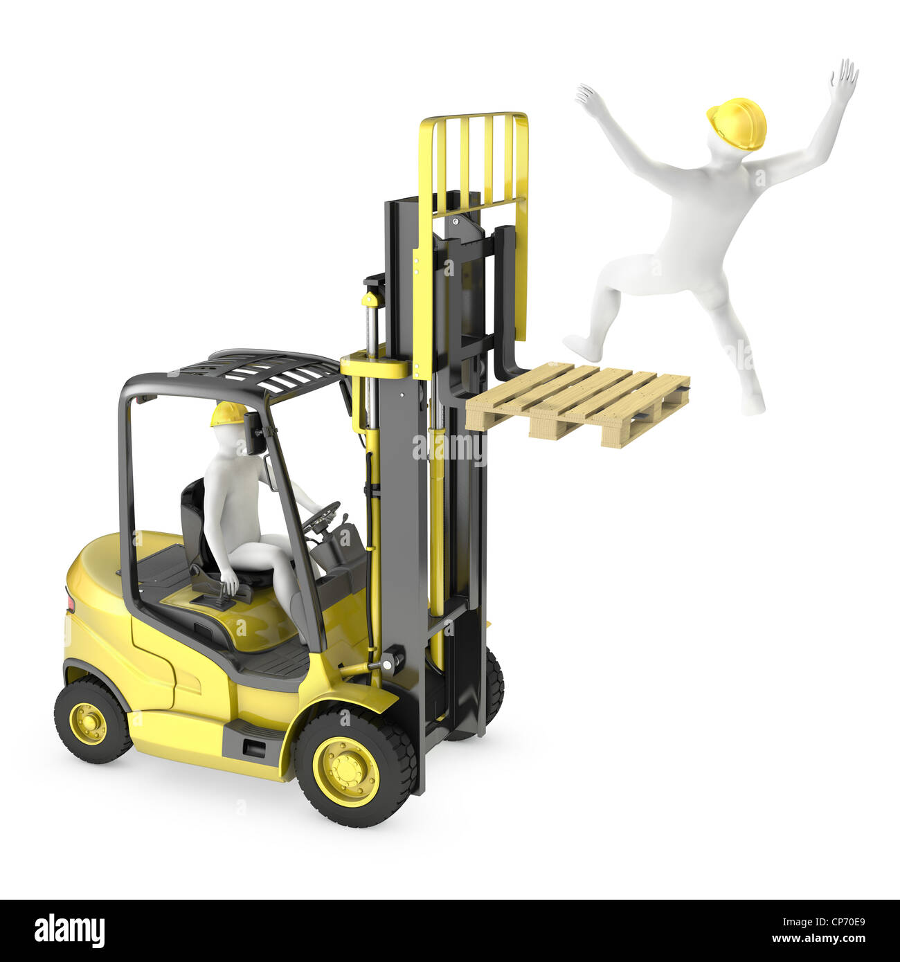 Abstract white man falling from lift truck fork, due to safety violation, isolated on white background Stock Photo