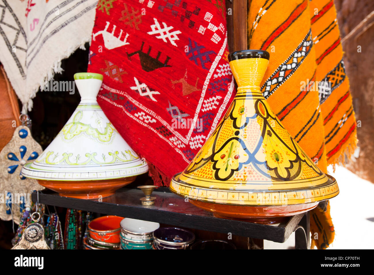 Tagines on a stand at a souk in Marrakech, Morocco, North Africa. Stock Photo