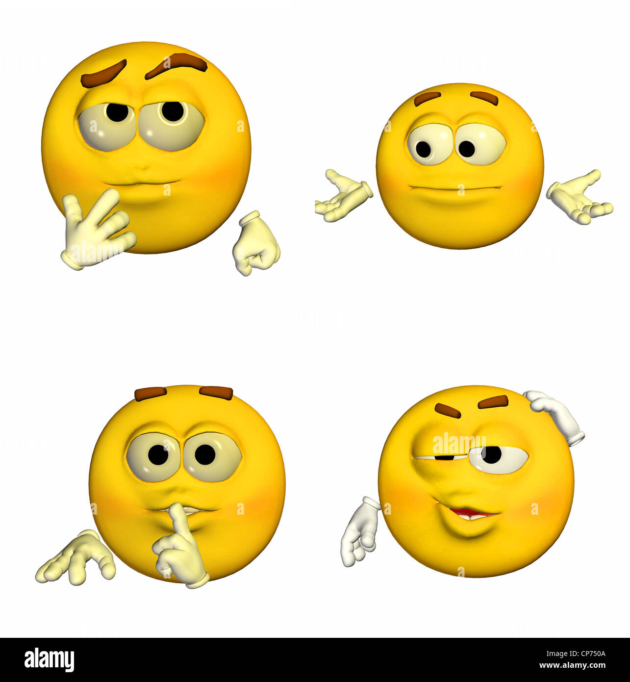 Illustration of a pack of four (4) emoticons / smileys with different poses and expressions isolated on a white background -9of9 Stock Photo