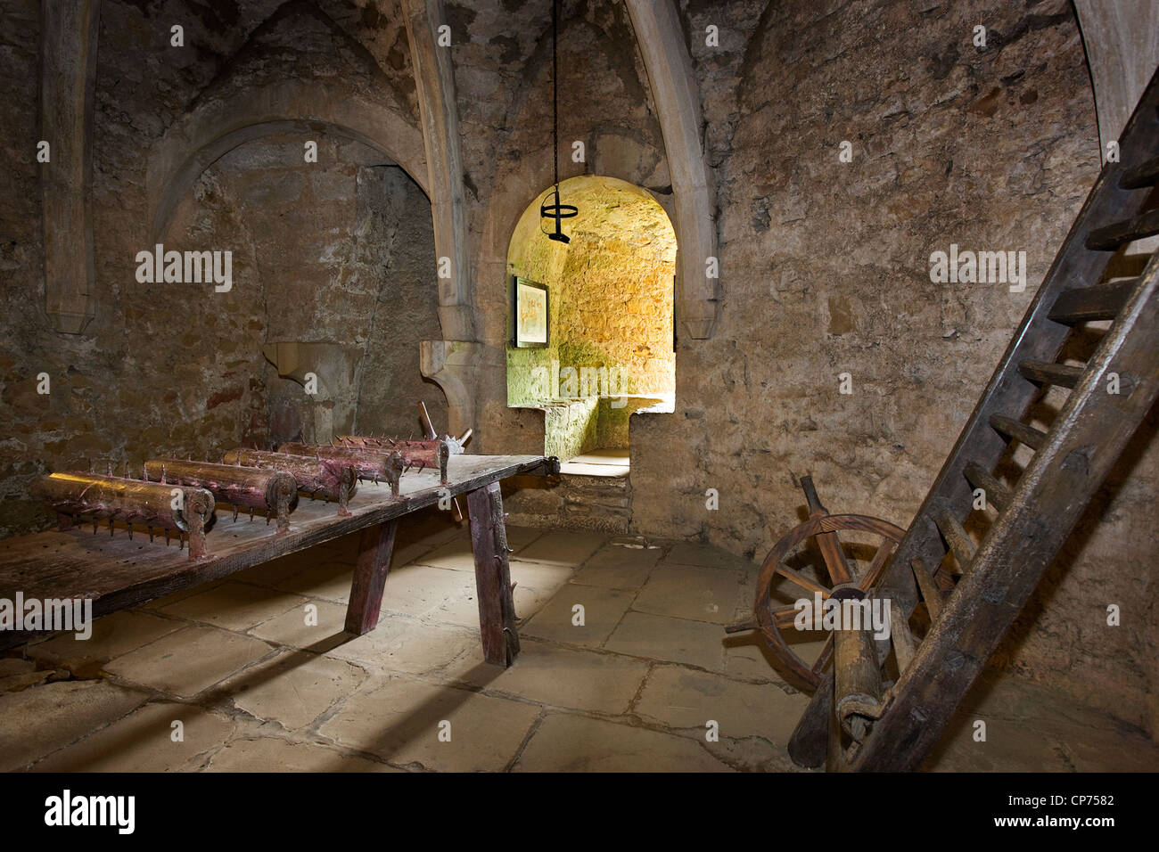 Interrogation instruments at torture chamber in the medieval Beaufort Castle, Grand Duchy of Luxembourg Stock Photo