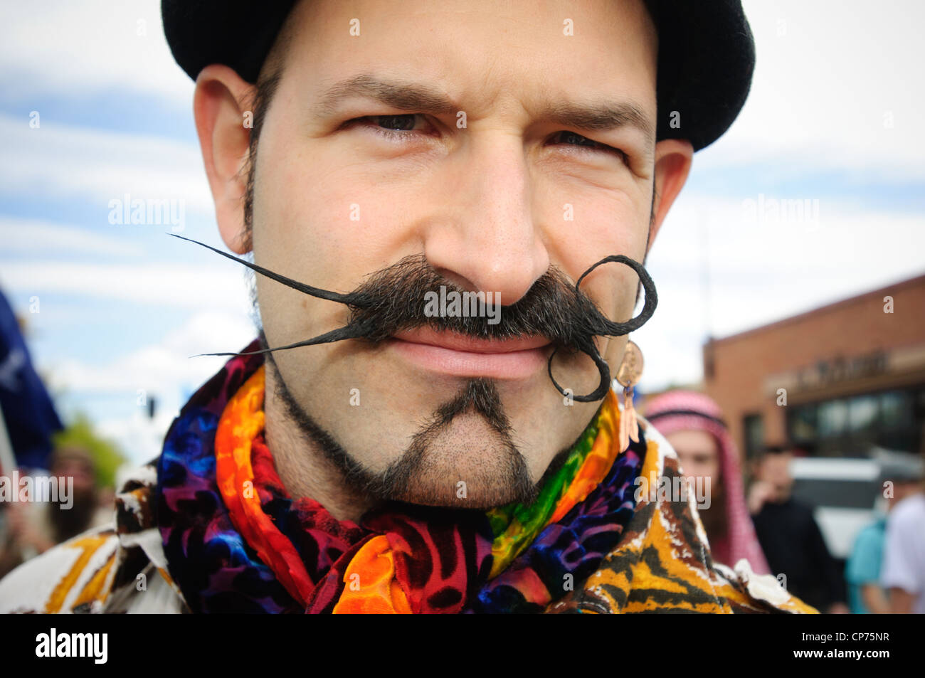 Competitor with his moustache styled as "scissors," at the 2010 USA National Beard and Moustache Championships in Bend, OR, USA. Stock Photo