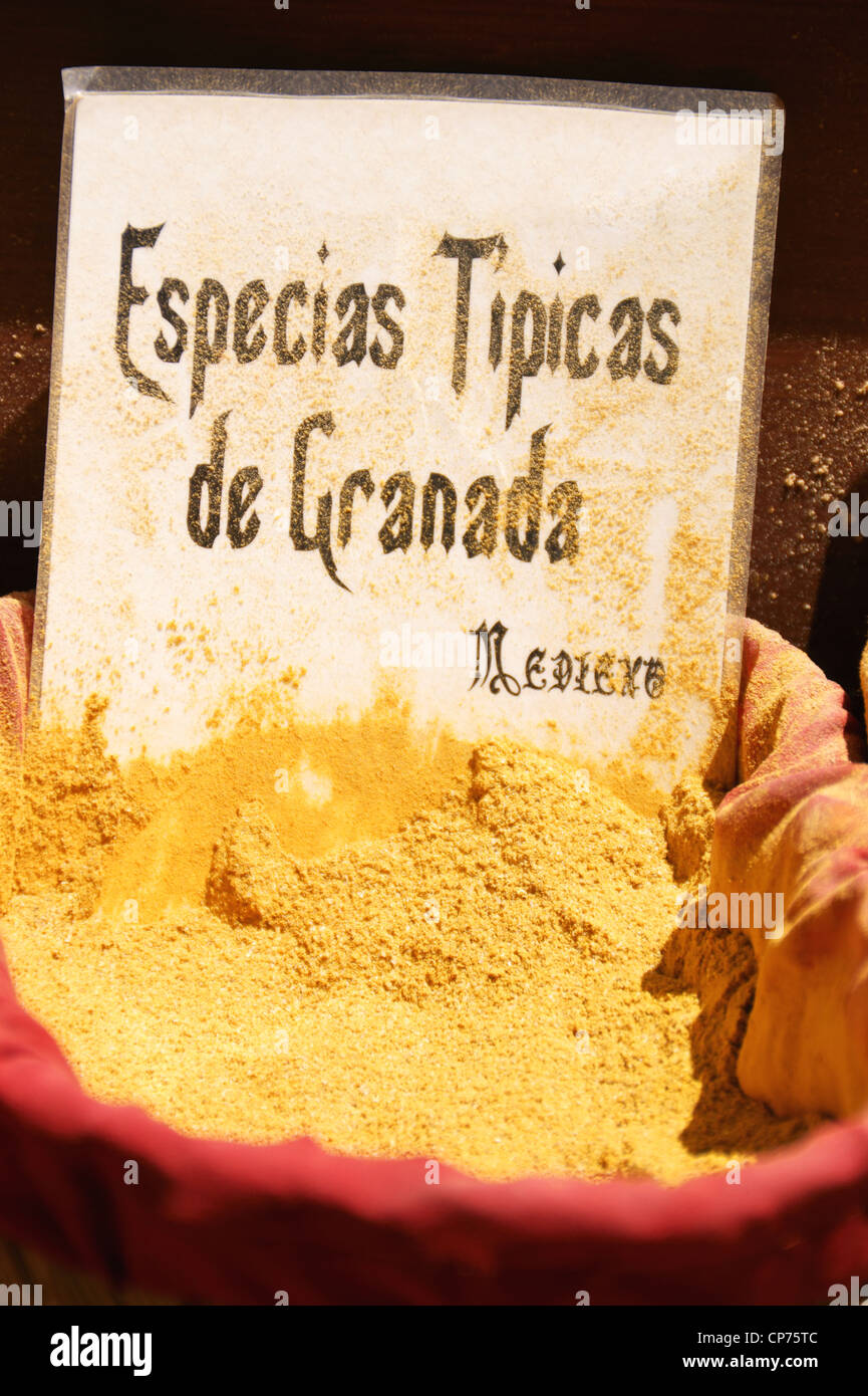 Especias tipicas de Granada (Typical spice from Granada) at a local farmer market Stock Photo