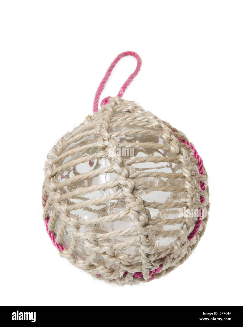 Glass fishing net round buoy. One glass sphere with ropes isolated