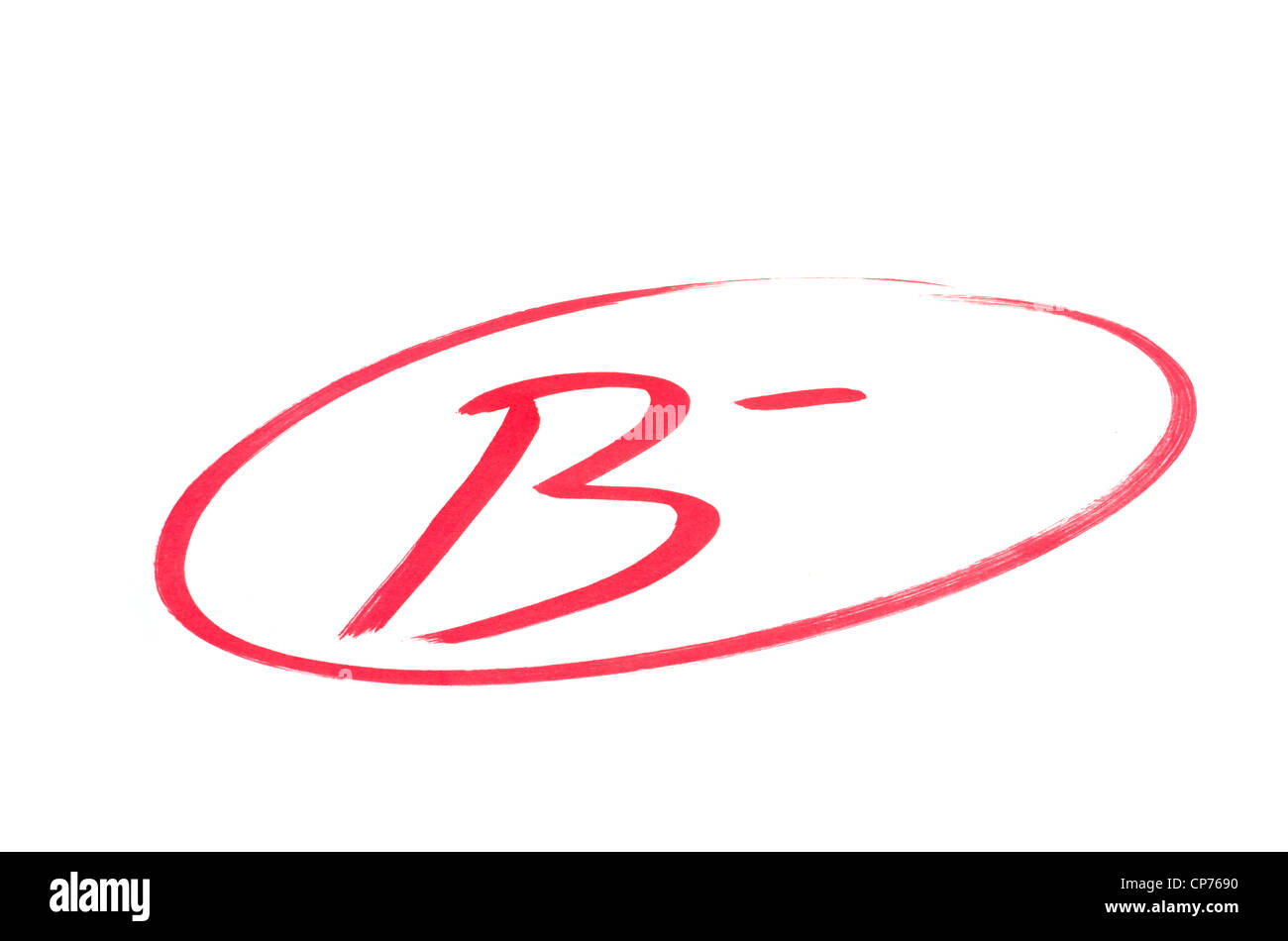 A handwritten grade B minus for good achievements in red ink. Isolated