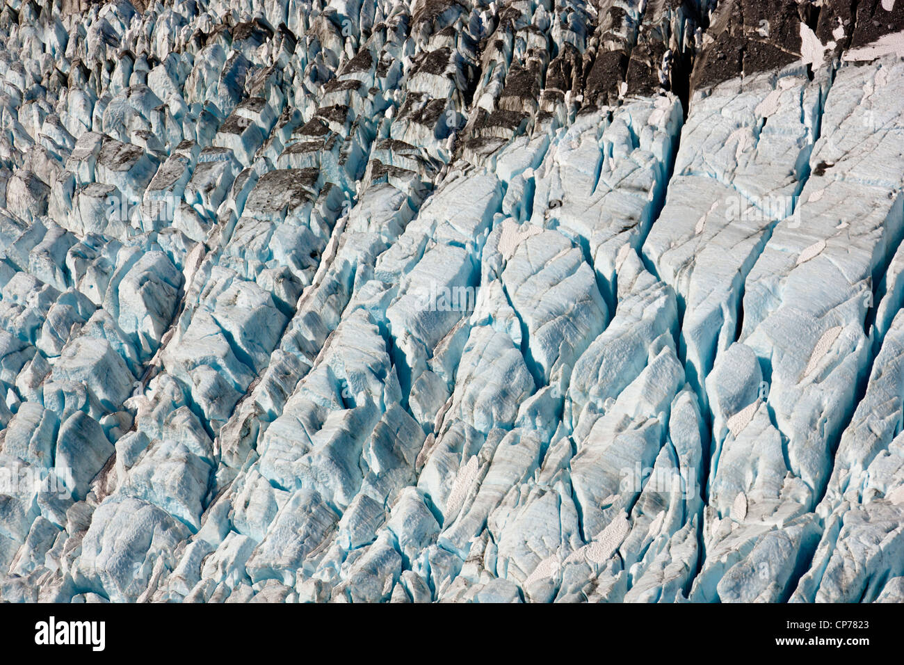 Aerial view of an unnamed glacier showing crevase details, Coastal Mountain Range north of Skagway, Southeast Alaska, Summer Stock Photo