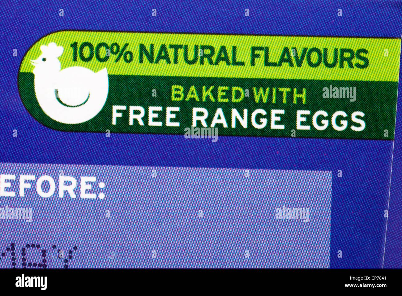 100% natural flavours baked with free range eggs - detail on box of special edition Mr Kipling exceedingly good 8 Great British Fancies cakes Stock Photo