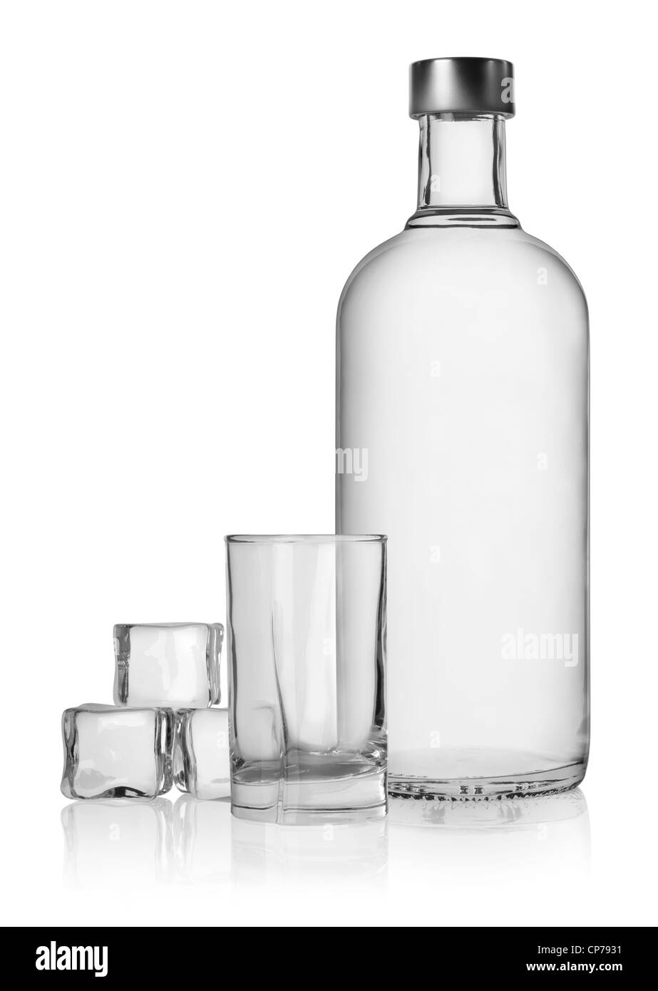 Bottle of vodka and ice cube isolated on a white background. Clipping Path Stock Photo