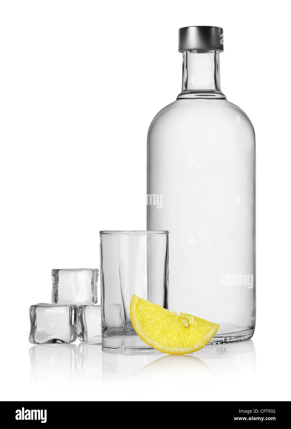Bottle of vodka and lemon isolated on a white background Stock Photo