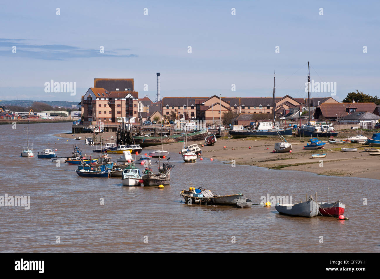 Boats moored on the River Adur by Shoreham, West Sussex Stock Photo
