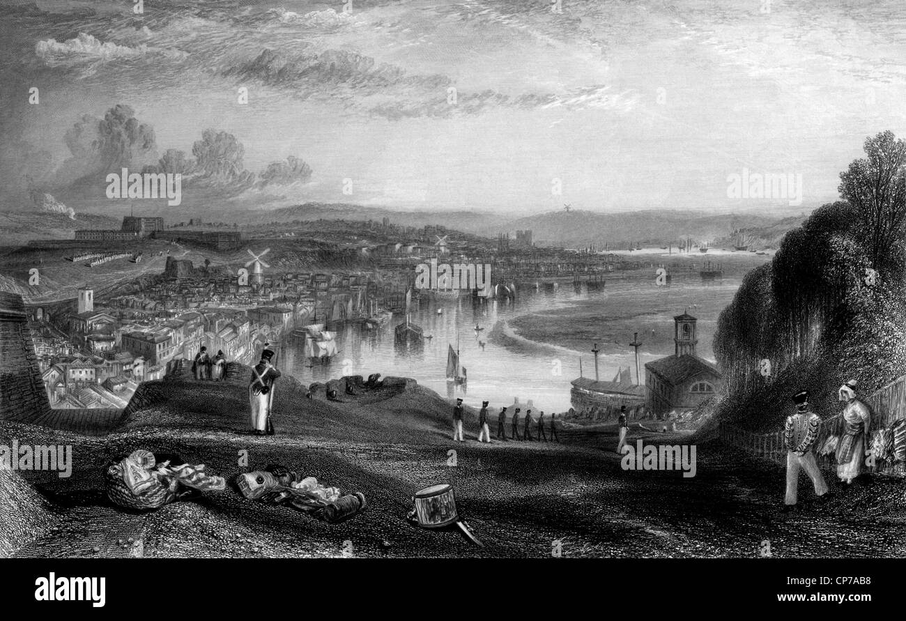 Chatham Royal Naval dockyard on river Medway, Engraved by William Miller in 1838. Stock Photo