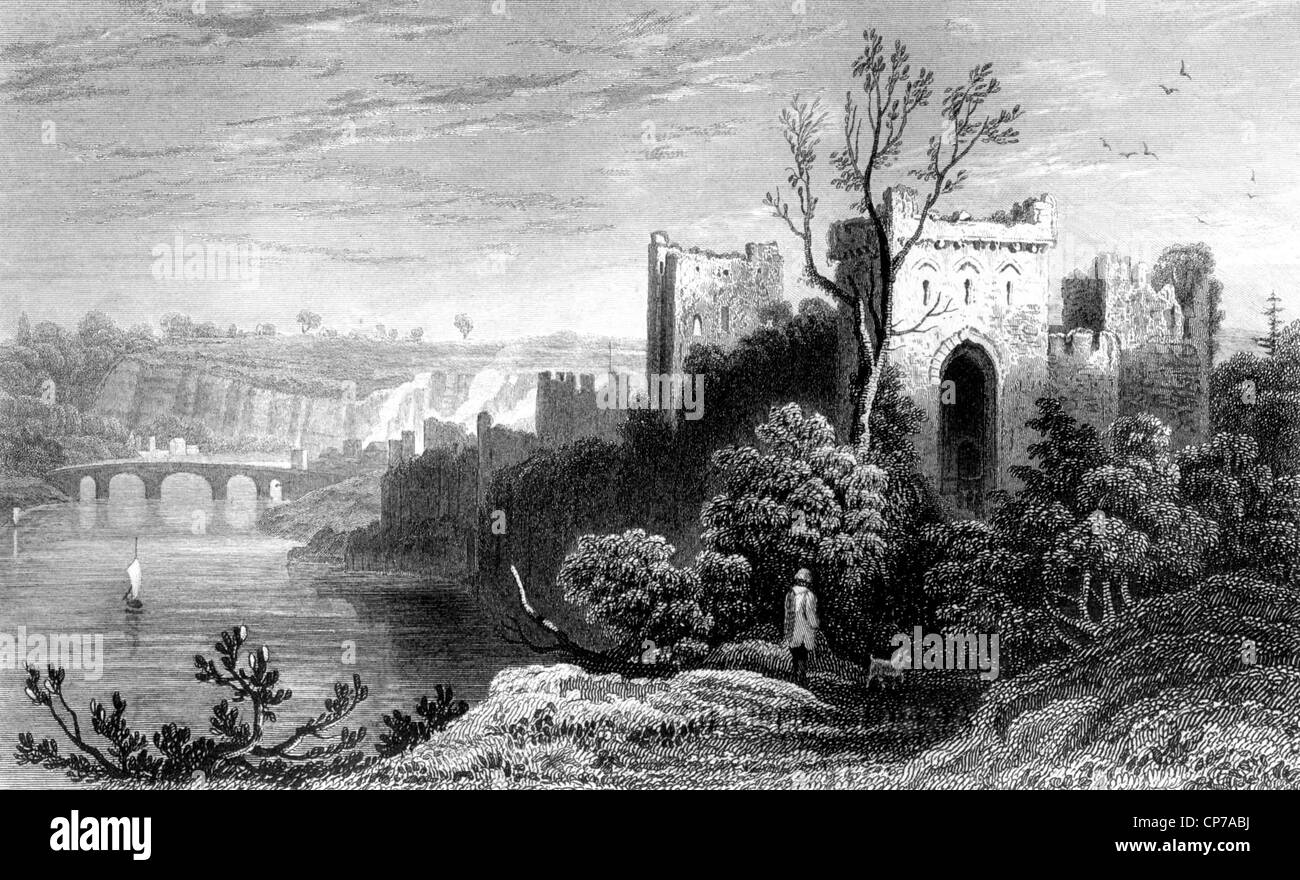 Engraving of Chepstow Castle ruins on River Wye, Monmouthshire, Wales. Drawn by H. Gastineau. Engraved by H. W. Bond. Published Stock Photo