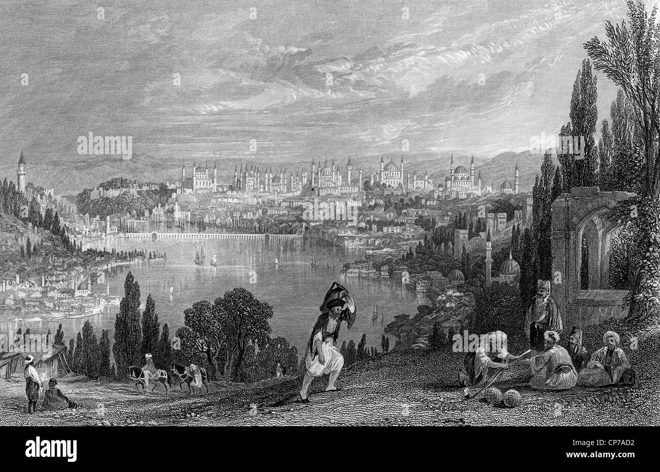 View of ancient Constantinople, modern day Istanbul, Turkey. Engraved by William Miller in 1847. Stock Photo