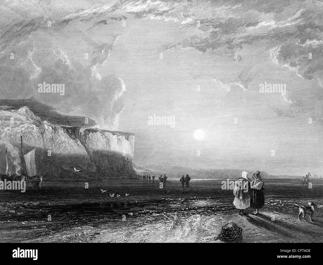 Engraving of Victorian beach scene, Cornwall, England. Engraved by William Miller in 1831. Stock Photo