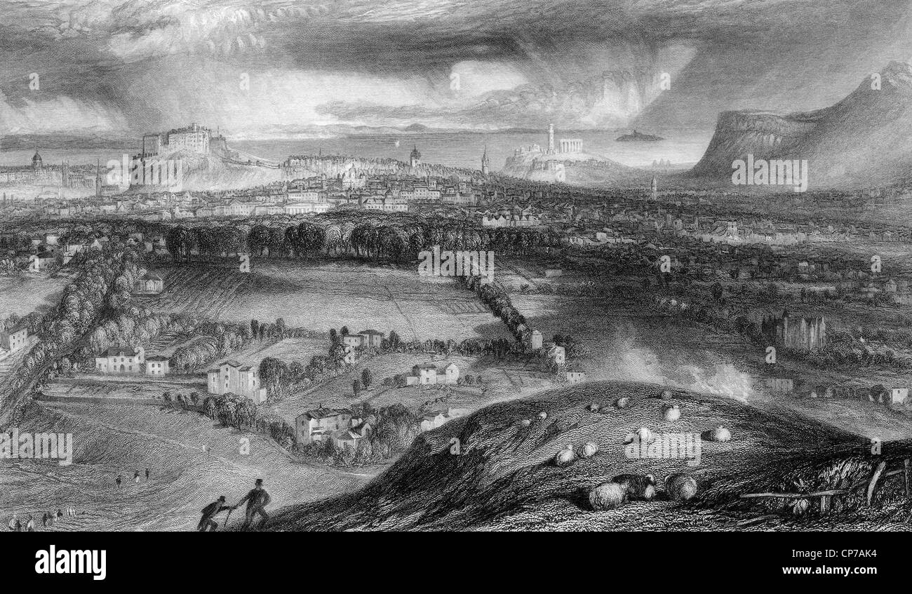 Engraving of Edinburgh Castle and city viewed from Blackford. Engraved