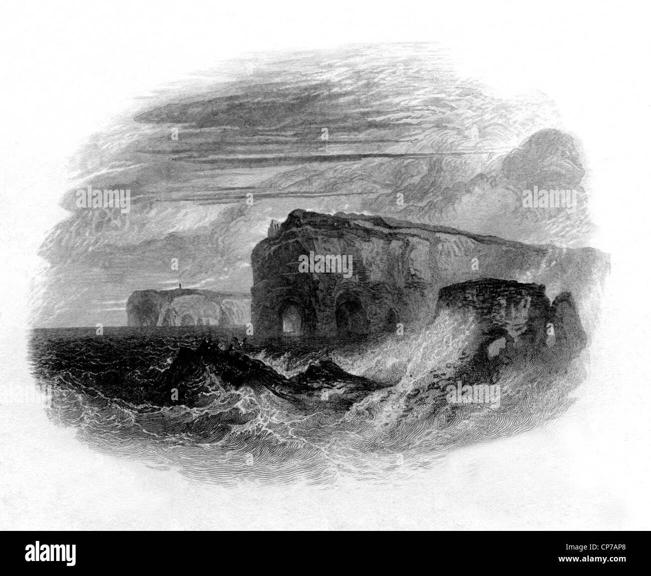 1867 engraving by William Miller of stormy sea off coast of Flamborough head, North Yorkshire, England. Stock Photo